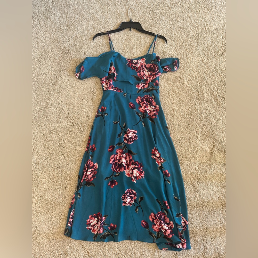 Cold shoulder, ruffle trim, midi dress, size S, blue and pink floral dress